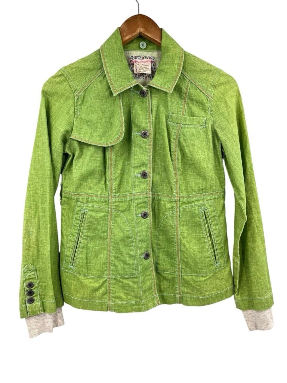 FREE PEOPLE Women's Green Vintage Orange Contrast Hem Button Down Shacket Size 4 - Picture 1 of 7